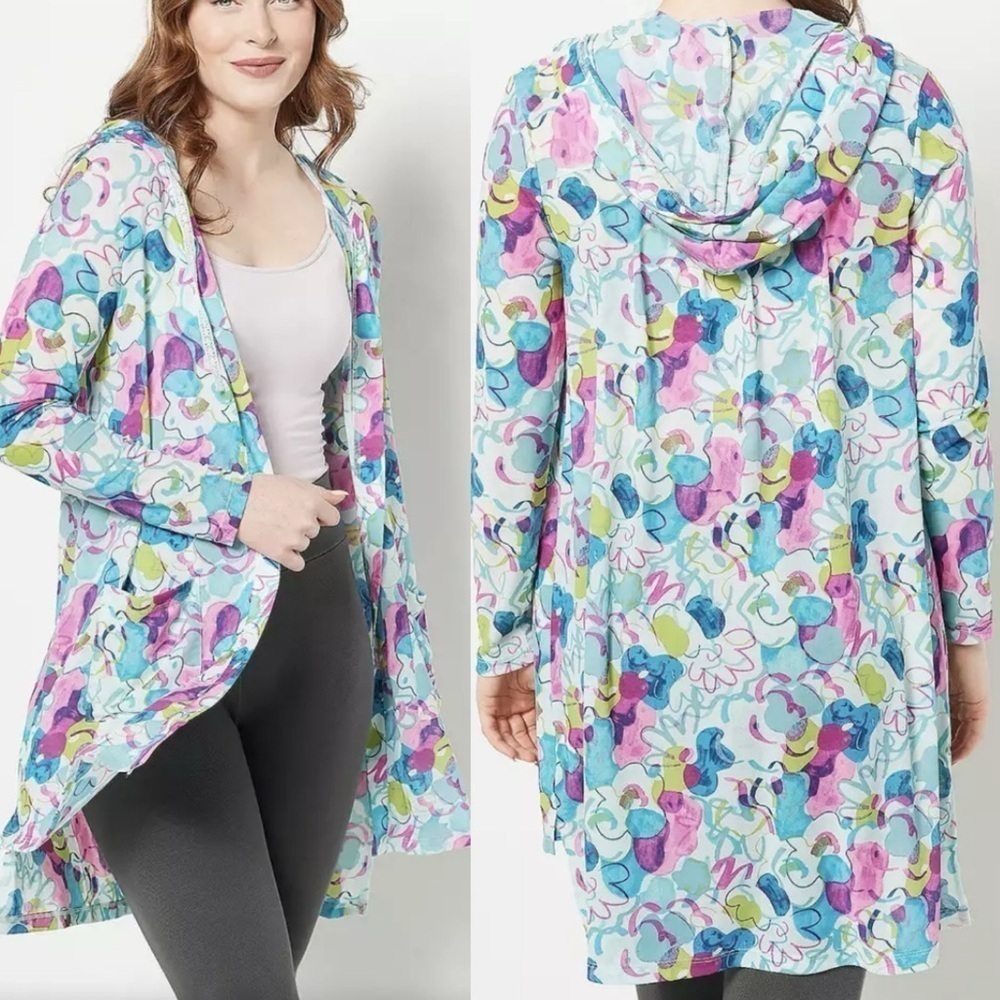 LOGO By‎ Lori Goldstein Beach To Street Sheer Mesh Hooded Cardigan Coverup Sz M